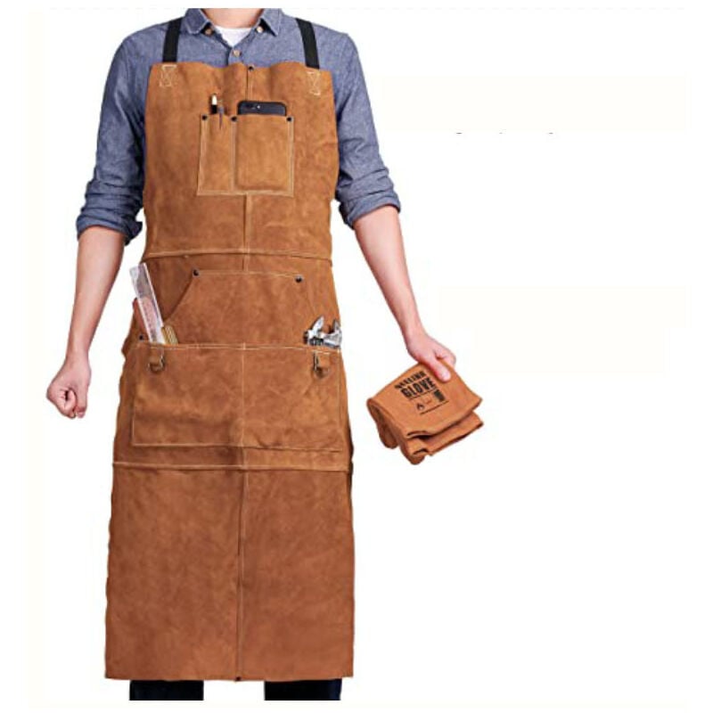 Forehill - Tablier de Soudeur avec 6 Poches, Tablier de Travail en Cuir Anti-Chaleur Ignifuge, Tablier de Menuisier pour Homme Réglable de m à xxxl,