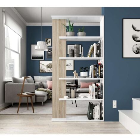 LOUNGITUDE Fores Libreria Alida 5 Ripiani Bianco Artik e Rovere Canadian 180x90x25 cm