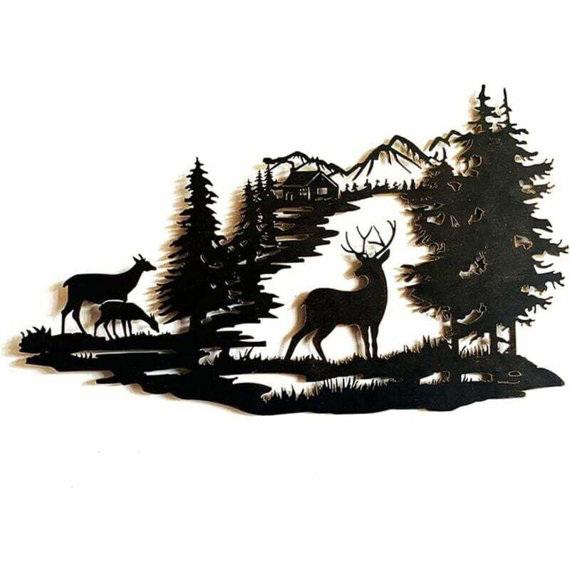 Rnemitery - Forest Deer Scene Mur Art Metal Mountain Hanging Mur Mur Sculpture Indian Deco Pour Salon Metal Mountain Art Forest Deer Scène Mur Mur De