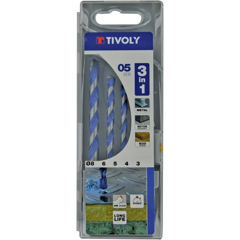 Tivoly - Coffret 5 forets 3en1 multi-materiaux ø 3 à 8mm