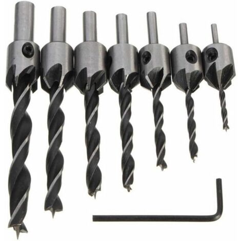 Foret à bois HSS 5, 7 pièces, biseauté, clé 3-10 mm, gris argenté