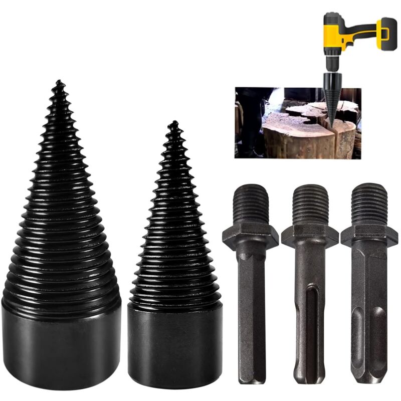 Foret à Bois pour Fendre du Bois 32mm+42mm, Foret à Fendre le Bois avec 3 Poignées de Perceuse, Foret Conique pour Coupe-bois, Fendeuse de Bûche,