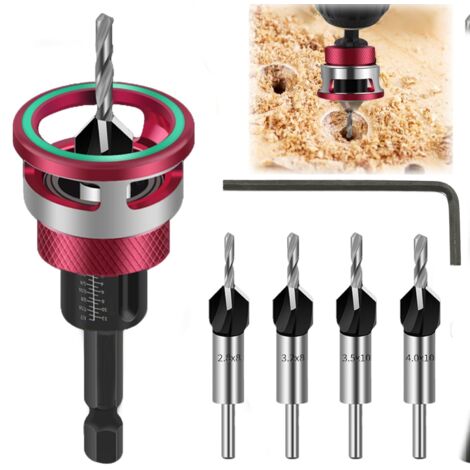 Foret à chanfreiner HSS-M2 - Butée profondeur réglable en aluminium - Tige hexagonale 1/4" - Fraise bois tête fraisée - Set pro