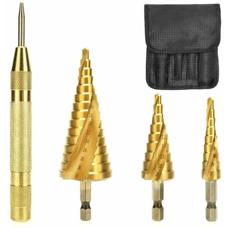 Foret à métaux pour perceuse，Foret Etage avec Poinçon de Centre Automatique, Meche Etage Triangle Conique Titane Foret Fraise Conique 4-12/4-20/4-32 mm 4PCS