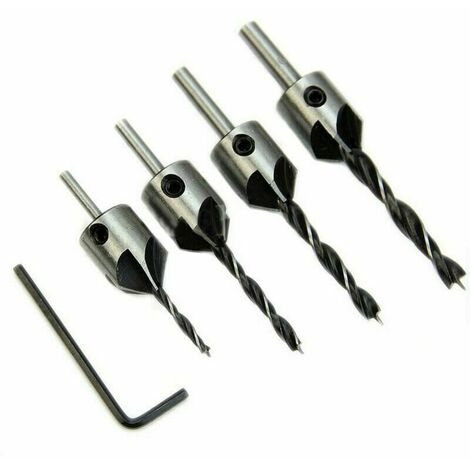 Foret aléseur pour guide-foret à chanfrein bois 4 pcs + clé
