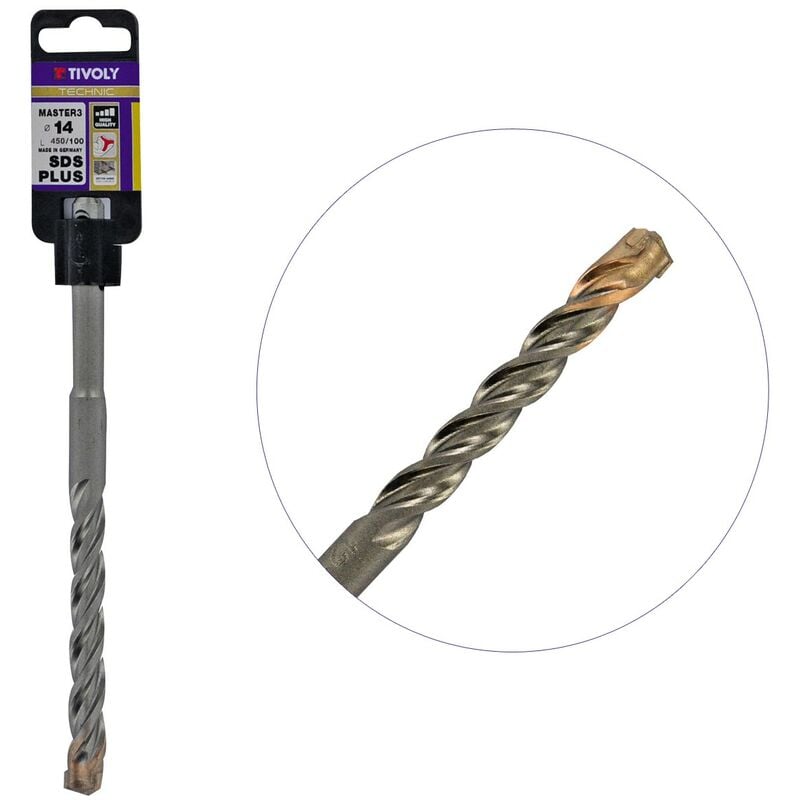 Foret Béton armé professionnel ø 14 l 450 mm sds plus 3 taillants de coupe master 3 technic pro Tivoly