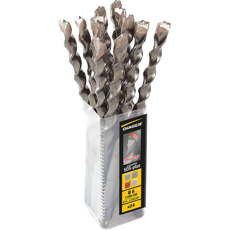 Pack de 12 Forets béton Twister plus 2 taillants sds plus - 108L ø 8 Long. Utile 100 Long. totale 160