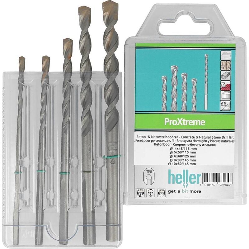 ProXtreme 28264 2 carbure de tungstène Jeu de forets pour béton 5 pièces 4 mm, 5 mm, 6 mm, 8 mm, 10 mm manche tr - Heller