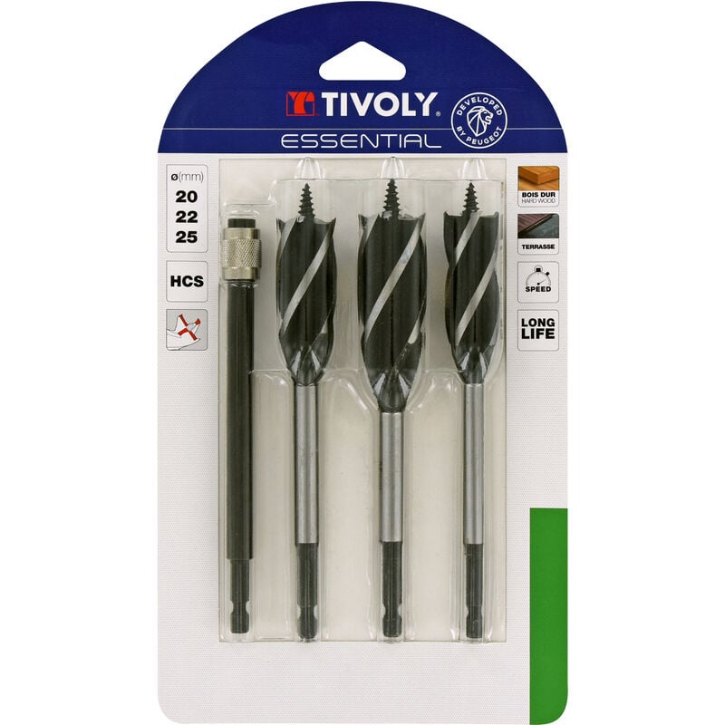 Lot de 4 pièces -3 forets bois 4 taillants ø 20 à 25mm + 1 rallonge - Tivoly