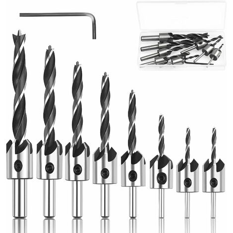 Foret Bois avec Fraise,8 Pcs Fraise Bois Conique en HSS Acier Forets à bois à Haute Vitesse Avec Clé Hexagonale Aésoir Chanfreinage Outil 3 4 5 6 7 8 10mm