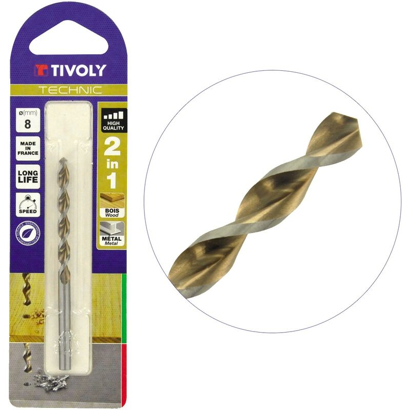 Tivoly - Foret Bois et Métal 2en1 Ø8mm Perçage rapide et précis bois durs et aciers Graduation laser