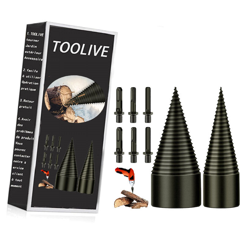 Foret de Fendage de Bois - 32mm+42mm Fendeur de Buche, Fendeuse Bois Cône, Foret Conique avec 6 Poignées, Carré/Rond/Hexagonal pour Perceuse