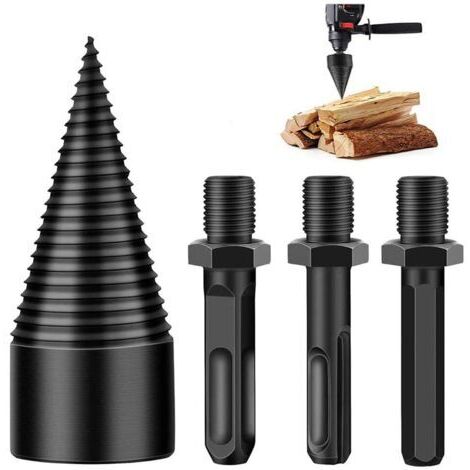 Foret de Fendage de Bois, Foret Conique, Foret À Bois pour Fendre du Bois 42mm, Durable Outil De Broyage De Bois De Cône De Vis De Fendage avec 3 Poignées de Forage, Carré/Rond/Hexagonal