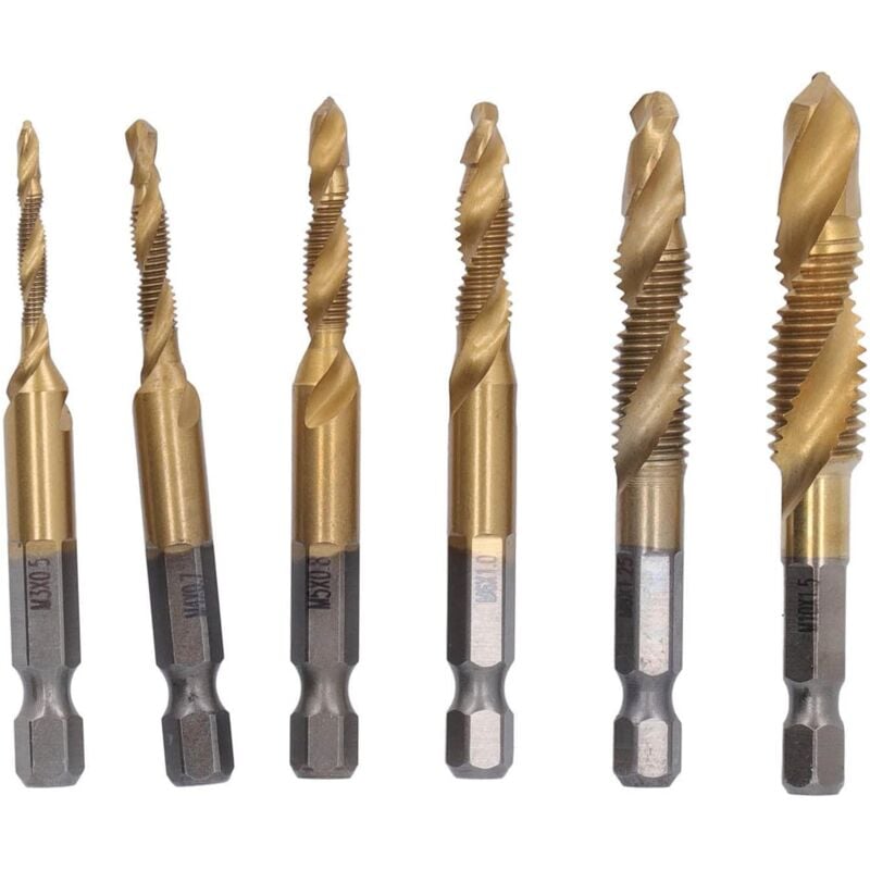Foret de Perçage Combiné, 6 Tarauds Filetés HHS Taraud à Vis à Filetage Fin M3 M4 M5 M6 M8 M10 Ensemble de Tarauds à Vis en Spirale pour le Taraudage