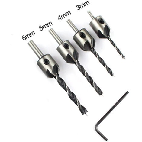 COOCHEER Foret et Mèche de Perceuse Pièce à Tête Fraisée Alésage du Bois Guide de Foret à Bois Foret à Chanfrein Foret en Acier Rapide 4 Ensembles