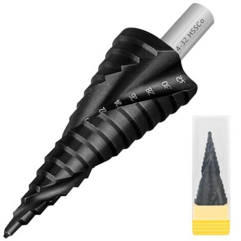 Foret étagé [15 niveaux, Ø 4-32 mm, tige 10 mm] HSS Cobalt Pro TiAIN [Durable et résistant à la chaleur] – conique professionnel pour acier inoxydable, métal, bois, plastique, foret -