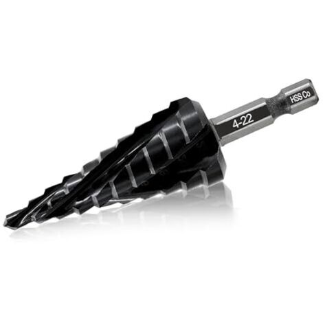 Foret Étagé Cobalt 4-22mm - Quatre Cannelures Hélicoïdales HSS M35 avec Queue Hexagonale à Changement Rapide pour Acier Inoxydable Métal Aluminium Cuivre Plastique Bois