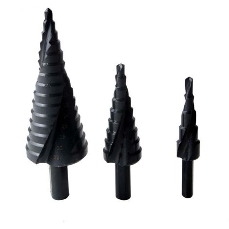 Foret Étagé Ensemble 3 pièces 4-12mm/4-20mm/4-32mm, HSS Flûte Spirale en Nitrure Poignée Triangle Foret Pagode pour Acier au Carbone, tôle, Panneaux isolants, Panneaux en PVC, Planches