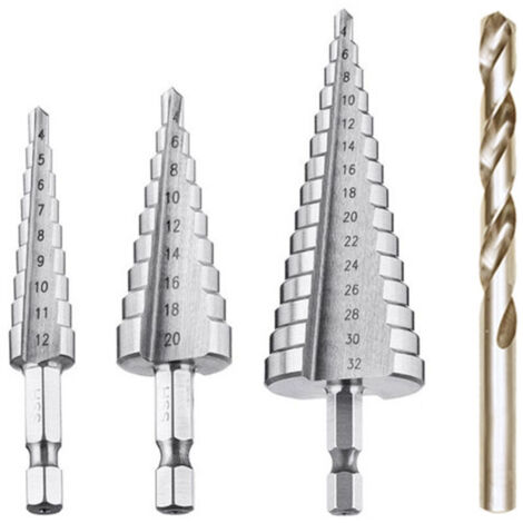 Foret Etagé, Foret Fraise Metal HSS 4PCS 4-12/20/32mm Meche Etage Perceuse Acier Fraise Forage Conique Triangle avec Revêtement Titane Visseuse Percage pour Acier/Bois/Laiton/Plastique/PVC