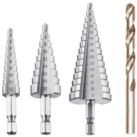 Foret Etagé, Foret Fraise Metal HSS 4PCS 4-12/20/32mm Meche Etage Perceuse Acier Fraise Forage Conique Triangle avec Revêtement Titane Visseuse Percage pour Acier/Bois/Laiton/Plastique/PVC-LIAIKI