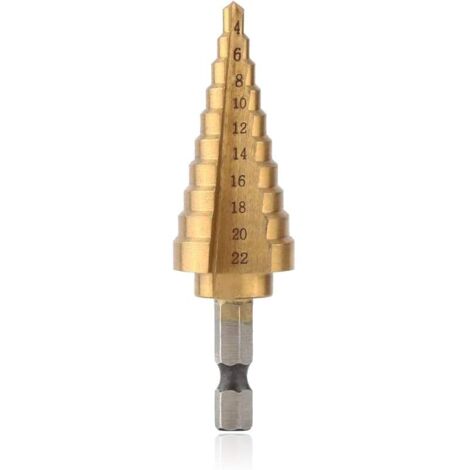 Foret étagé HSS - 4-22 mm - Foret conique - 6,35 mm - Tige hexagonale - Revêtement en titane - Pour bois, plastique, etc.