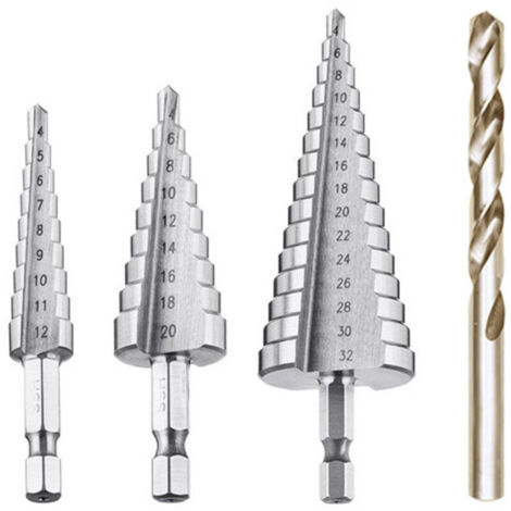 Foret étagé HSS 4PCS 4-12/20/32mm Revêtement titane Pour acier, bois, laiton, plastique Perçage précis et durable