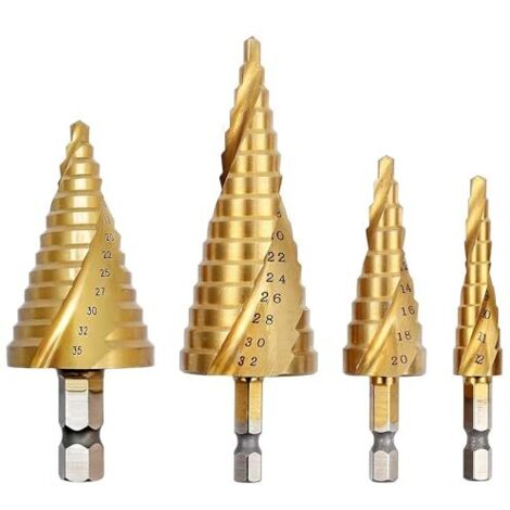 Foret Étagé HSS Titané,  4Pcs Conique [ 5-35mm,4-12/20/32mm] Rainure Hélicoïdale, Évacuation Rapide des Copeaux  Perçage Stable Dissipation de la Chaleur pour Métal,Bois,Plastique -