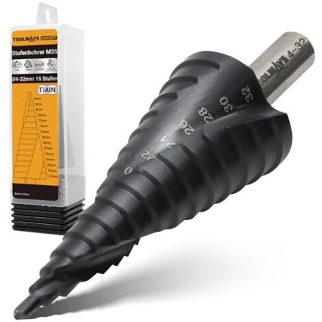 Foret Etage Metal M35 Ø 4-32 mm avec Revêtement AlTiN, Fraise pour Acier Inoxydable, Métal, Plastique, Bois, Forets Étagé 15 Niveaux de Forage Coniques -