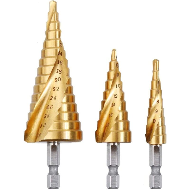 Triomphe - 3PCS Foret Fraise Meche Etage, hss Inox Metal, 4-12/20/32mm, Triangle Conique Titane, avec Tige Hexagone, Pour Visseuse Percage sur Acier,