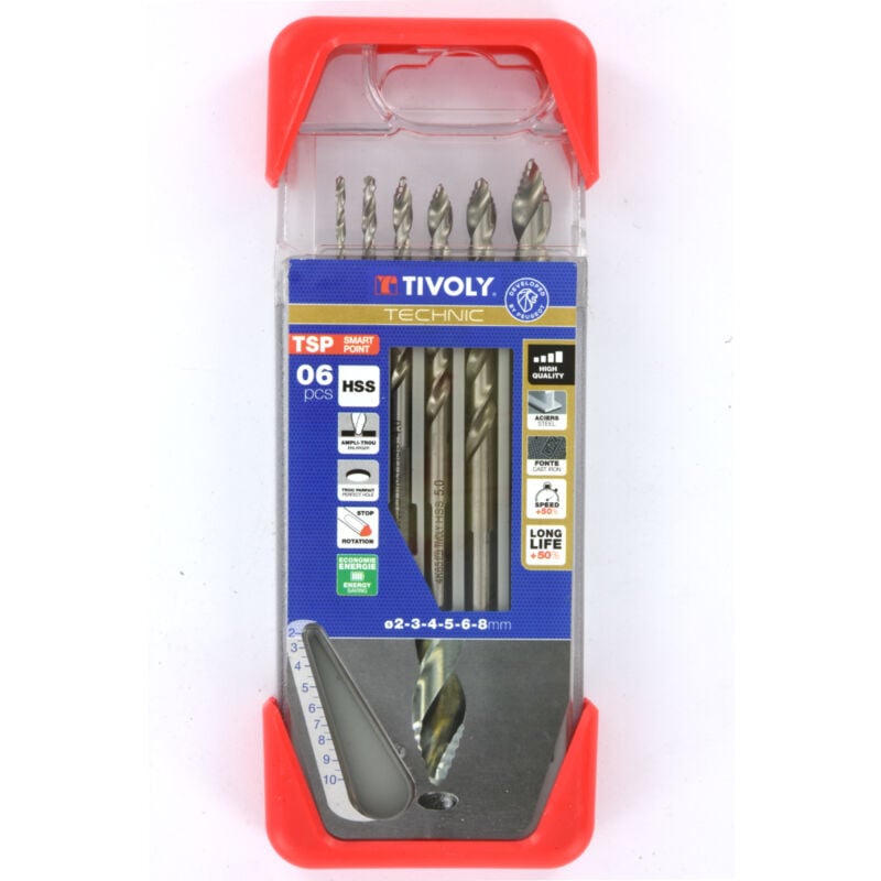 Tivoly - Coffret 6 Forets métaux tsp hss taillé meulé affûtage Smart Point ø 1 à 8mm