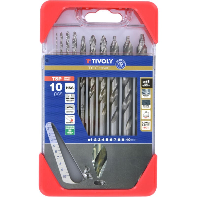 Tivoly - Coffret 10 forets métaux tsp hss taillé meulé affûtage Smart Point ø 1 à 10mm