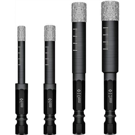 Forets - 4 pièces - Coffret de forets - Forets pour carrelage - Noir - 6 mm, 8 mm, 10 mm, 12 mm - Pour carrelage, porcelaine, faïence, céramique, verre et pierre