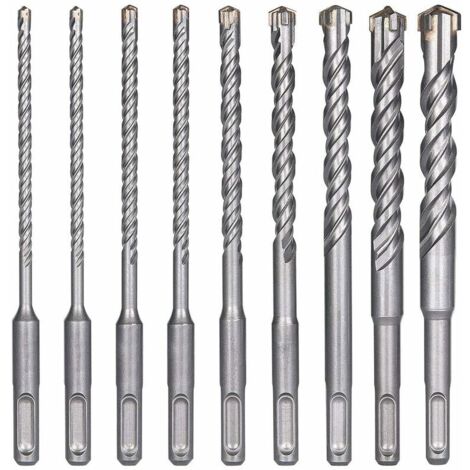 Forets à Béton, 9PCS (5 mm  16x160 mm) Foret Carrelage, Foret à Percussion Électrique SDS-Plus pour Perforateur, Forets Transversaux pour Béton, Brique, Pierre, Naturelle, Métal