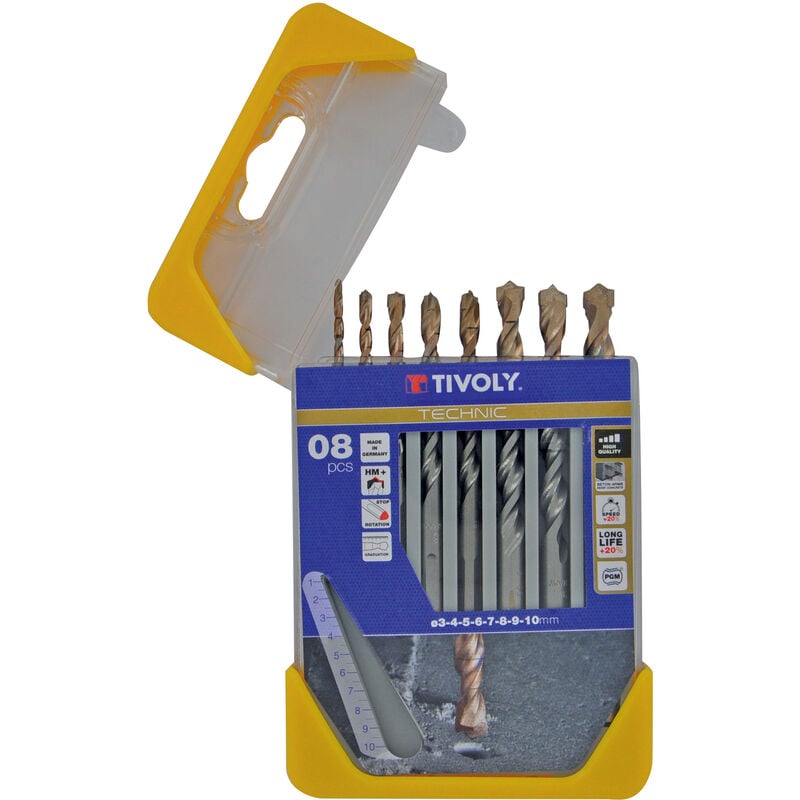 Tivoly - Coffret 8pcs Forets Beton Technic Gradués contenant les Ø3-4-5-6-7-8-9-10mm