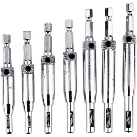Forets de charnière à centrage automatique pour armoire de porte - 7pcs HSS 1/4" à queue hexagonale à centrage automatique Bits prédécoupés, 5/64" 7/64"9/64" 11/64"25/127" 13/64"1/4"