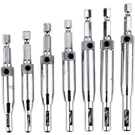 Forets de charnière à centrage automatique pour armoire de porte - 7pcs HSS 1/4" à queue hexagonale à centrage automatique Bits prédécoupés, 5/64" 7/64"9/64" 11/64"25/127" 13/64"1/4"