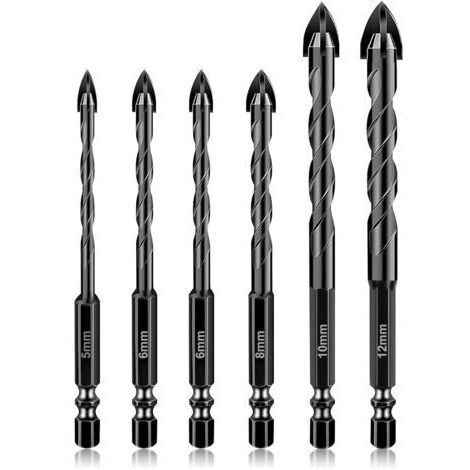 Forets de Maçonnerie, 6 PCS Forets Hélicoïdaux en Carbure de Tungstène pour Carreaux de Céramique, Béton, Murs de Briques, Verre, Miroirs, Plastique, Bois(5, 6, 6, 8, 10, 12 mm)