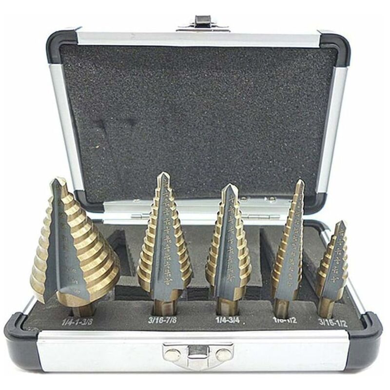 Forets étagés 5 Pcs Foret Fraise Meche Etage, Foret Étagé, avec Boîtier en Aluminium Professionnel, Tige Hexagonale, avec Tampon de Centrage