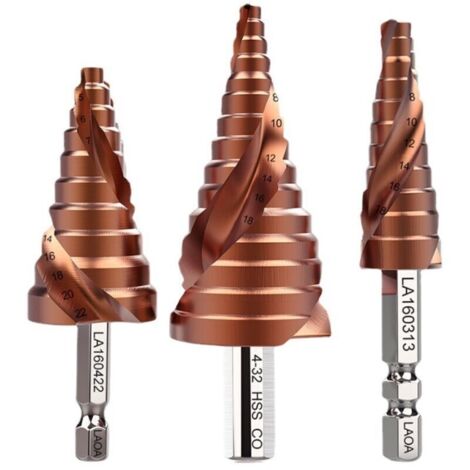 Forets étagés électriques – 3 pièces en acier HSS-Co M35, pointe titane, diamètres 3–13 mm / 4–22 mm / 4–32 mm