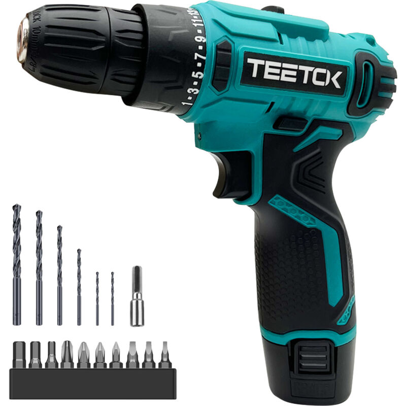 Teetok - Forets, perceuse combinée sans fil 12 v, tournevis électrique puissant, batterie 1,5 a rechargeable, 40 N.m, mandrin 3/8', lumière led,