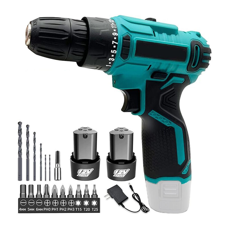 Forets, perceuse combinée sans fil 12 v, tournevis électrique puissant,2x batterie 1,5 a rechargeable, 40 N.m, mandrin 3/8', lumière led, couple 25 +