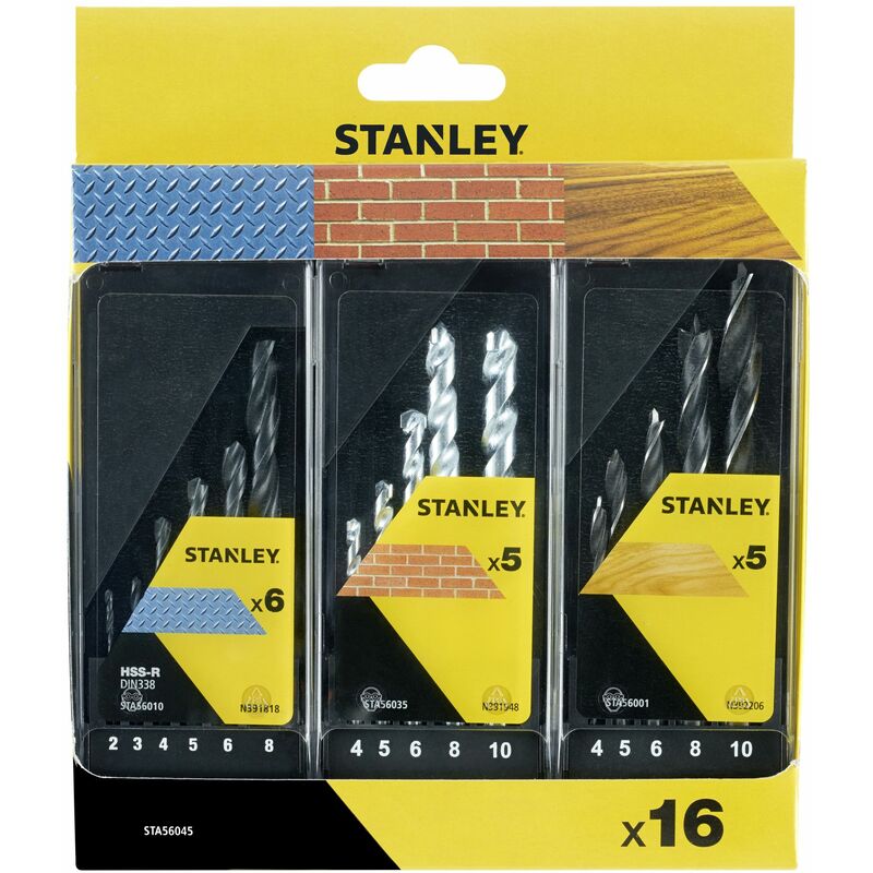 Stanley - Lot de 3 cassettes avec 16 forets hss-r métal, pierre et bois STA56045-QZ
