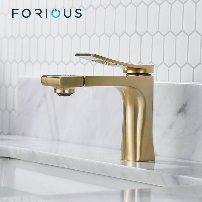 Forious - Mitigeur de Lavabo avec Bec Pivotant Robinet Design Moderne Laiton Or Nickelé