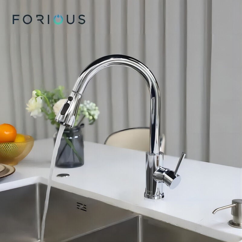 FORIOUS Robinet Cuisine, Mitigeur d'évier de Cuisine, Douche extensible 3 voies - Rotatif 360°- Chromé