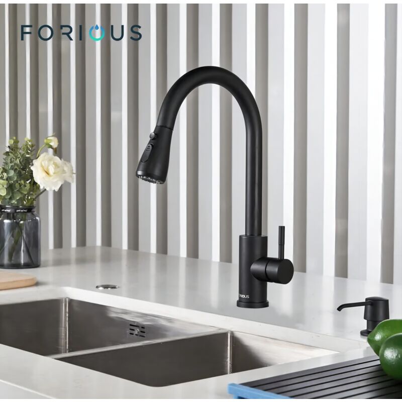 FORIOUS Robinet Cuisine, Mitigeur d'évier de cuisine, Douche extensible 3 voies - Rotatif 360°- Noir