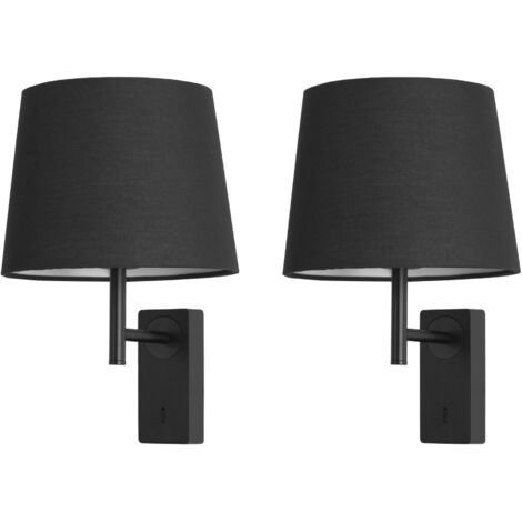 Forlight Aura - 2 Apliques de Pared para Dormitorio E27 con Interruptor ON/OFF en la Base. Color Negro con Pantalla de Textil