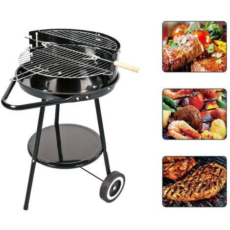 Fornacella a carbone tonda Barbecue portatile con ruote ripiano griglia acciaio inox cuoci arrosti spiedini carne pesce