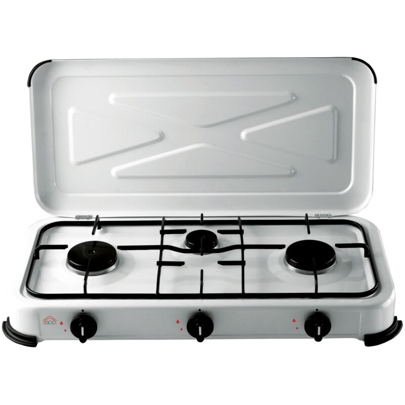 Fornello DCG Da Campeggio a Gas 3 Fuochi Cottura Smalto Bianco Coperchio Esterno Gpl