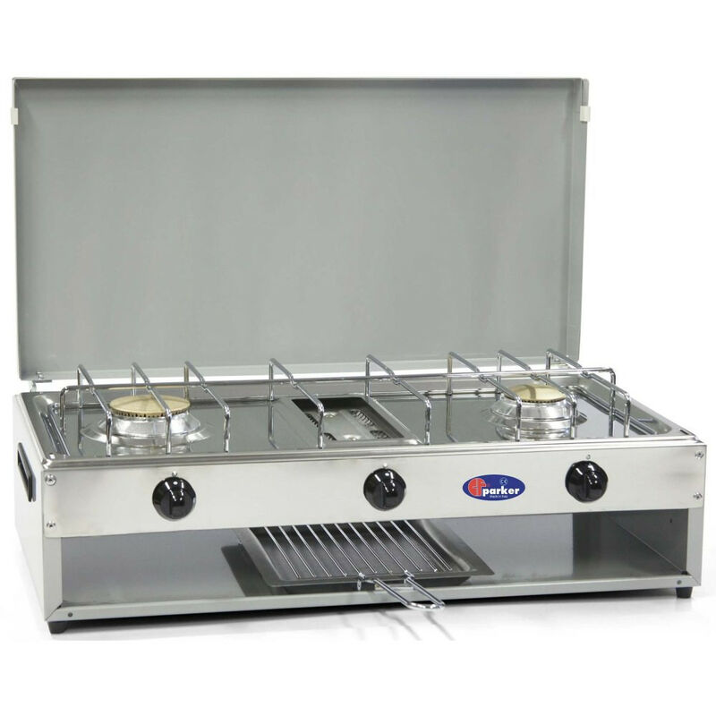 Fornello a gas gpl / metano a 2 fuochi Pianale in acciaio inox bruciatore grill da 1,5 Kw cfparker mod. 552G Colore: Grigio Metano