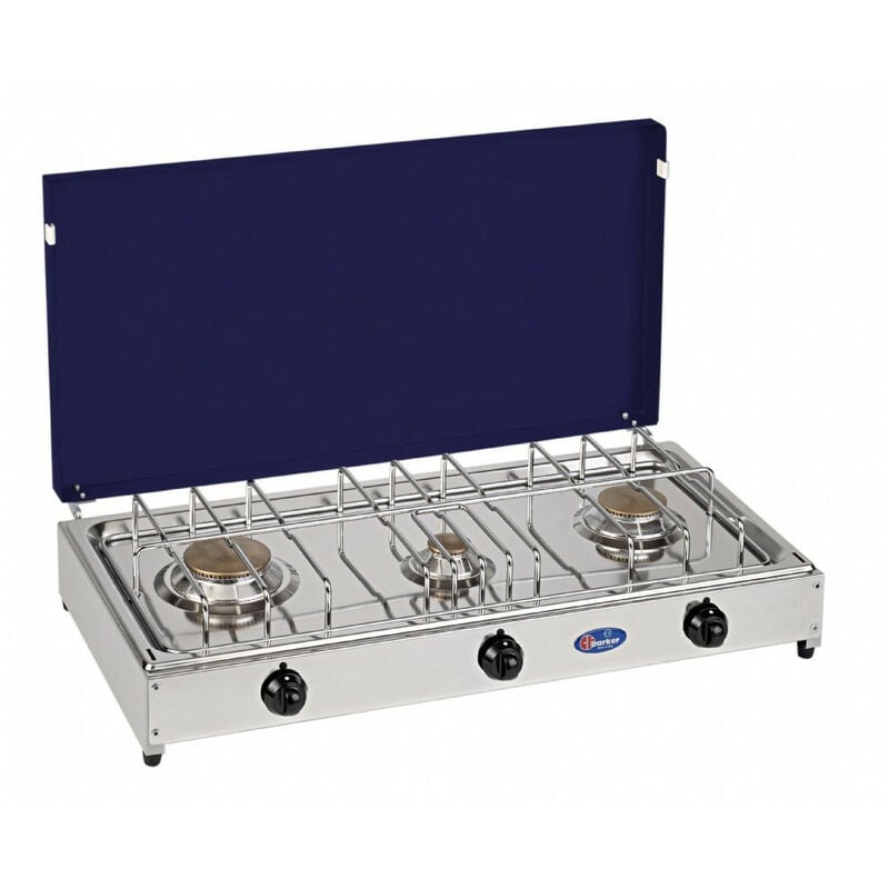 Fornello a gas gpl/metano a 3 fuochi con valvola di sicurezza Pianale in acciaio inox Parker mod. 5523RSGB Colore: Grigio - Blu Gpl